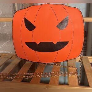New! Orange faux leather pumpkin crossbody purse with chain crossbody strap